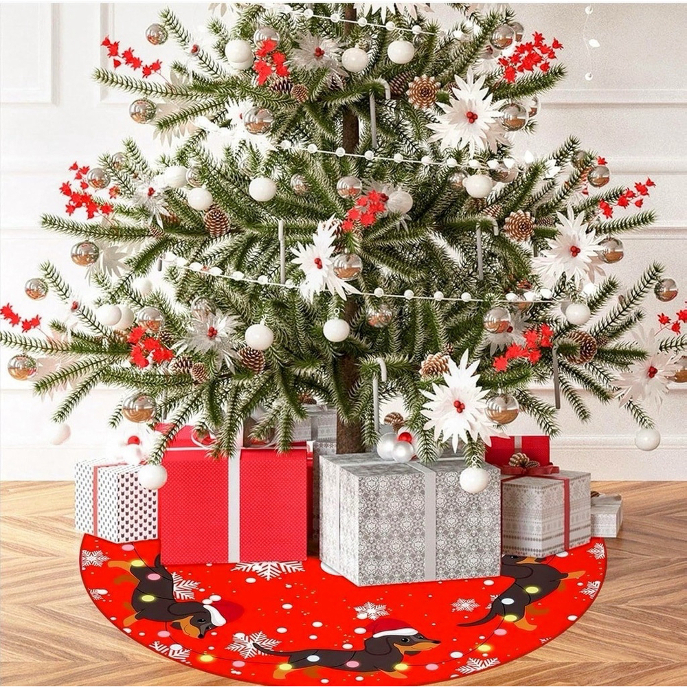 Dachshund Doxie Christmas Tree Skirt Dog Santa Hat Funny Tree Mat Red 48 inch - Picture 2 of 10